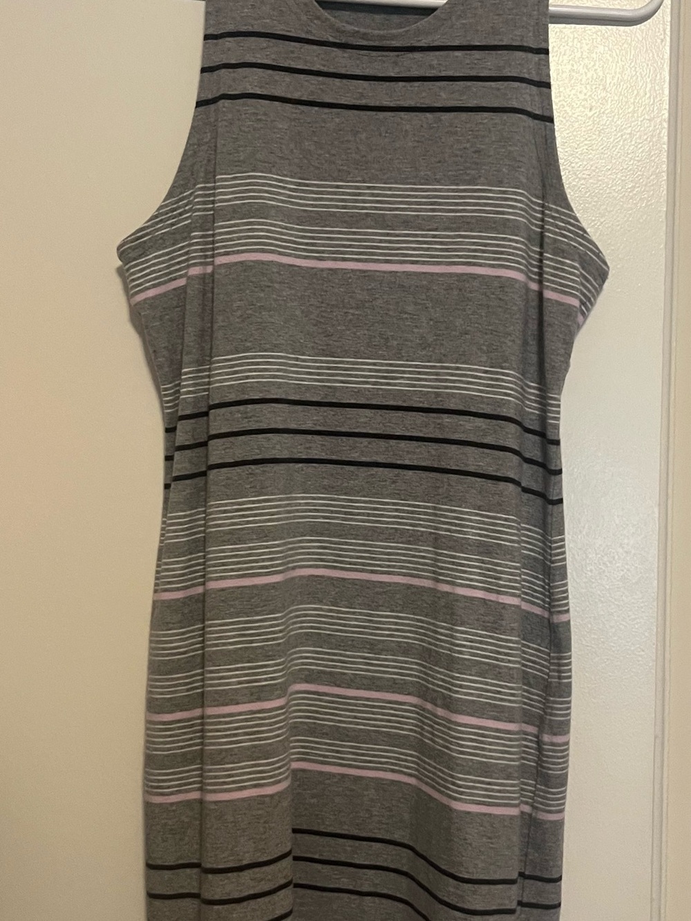 Sleeveless Gray Striped Dress with Pink Accents